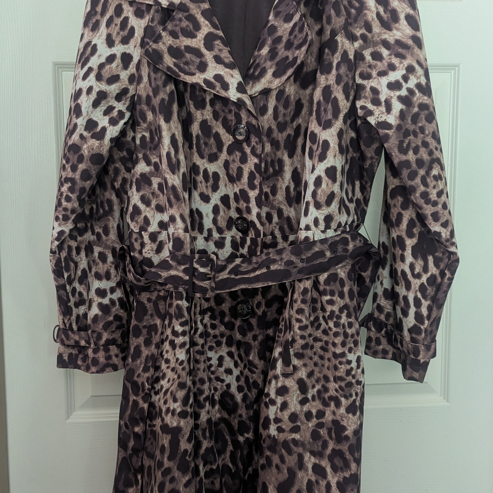 Leopard Print Rain Coat Swing Style with Belt by Dennis Basso Size 1X